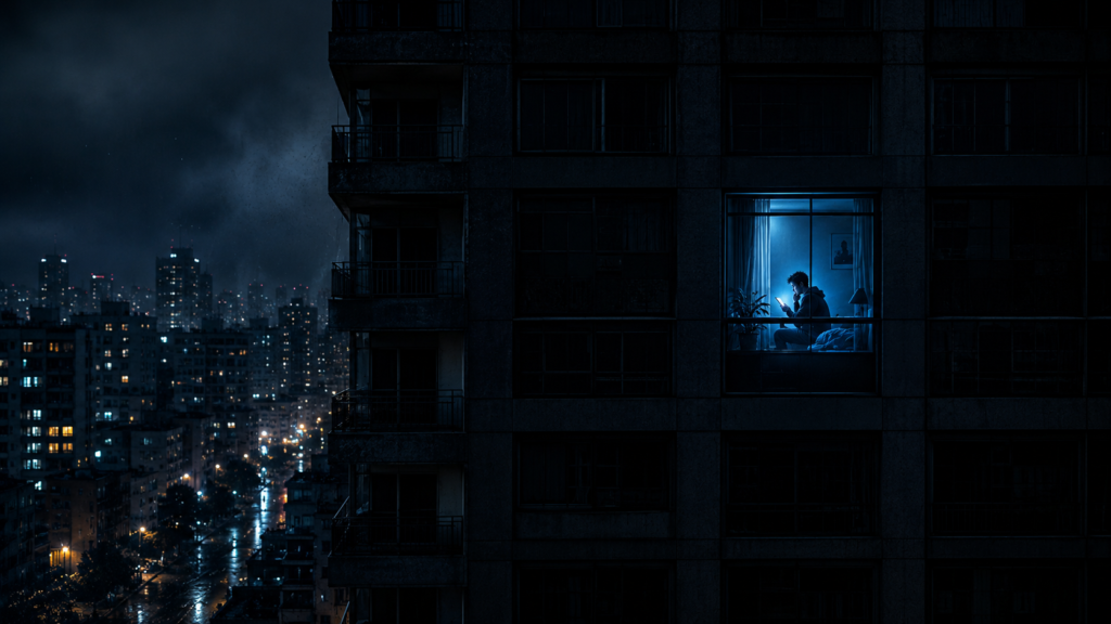 Quarto escuro iluminado apenas pela luz de uma janela na cidade à noite, representando o cansaço mental e falta de sono